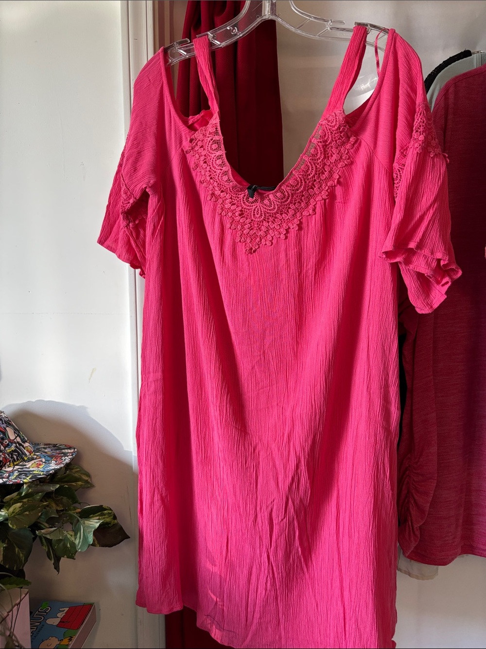 new directions Bright Hot Pink Cold-Shoulder Lace-Trim Mini Dress
